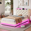 3ft Single Upholstered Bed with Hydraulic Storage, LED Headboard, Linen, Beige