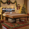 Double Size Metal Platform Bed with Storage Shelves