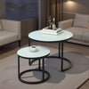 Nesting Coffee Table Set of 2, Marble-Effect Glass Round Side Tables, White