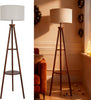Tripod Floor Lamp with Shelf Wooden Standing Light Linen Shade Living Room
