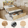 4ft6 Double Wooden Bed Frame with Storage Headboard, LED Light & Rattan Drawers