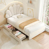 Velvet Single Bed Frame with Petal Headboard, 2 Drawers and Wood Slats, Beige