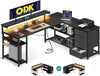 Corner Desk with Drawers, L Shaped Gaming Desk with LED Lights & Power Outlets,