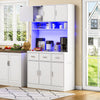 Kitchen Cupboard w/ LED & Power Outlet, Countertop, Tall Kitchen Cabinet, White