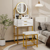 Modern Dressing Table Set with LED Light Mirror Stool 2 Drawers Storage Bedroom