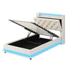 3ft Single Upholstered Bed with Hydraulic Storage, LED Headboard, Linen, Beige