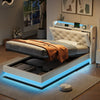 3ft Single Upholstered Bed with Hydraulic Storage, LED Headboard, Linen, Beige