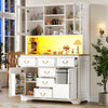 Kitchen Tall Storage Cabinet w/ LED Lights, Countertop, 6 Drawers & Glass Doors