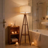 Tripod Floor Lamp with Shelf Wooden Standing Light Linen Shade Living Room