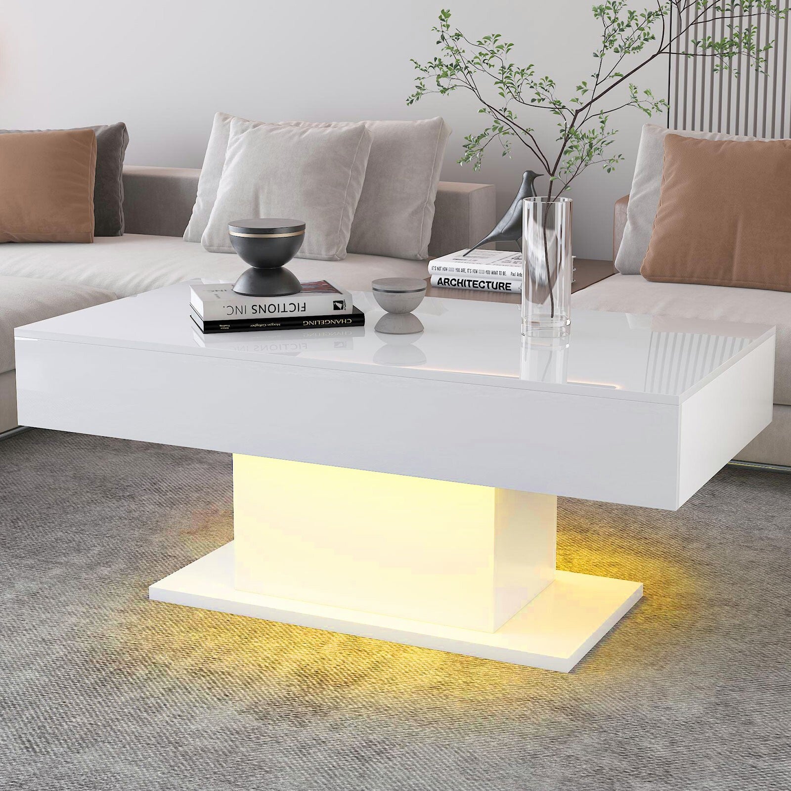 Room Led Table Design White LED Coffee Table High Gloss Cocktail Table Modern Living Room Re ...