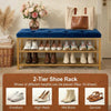 2-Tier Velvet Top Bamboo Gold Metal Shoe Rack Stand Shoe Storage Shelf Hallway