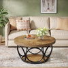 Round Coffee Table, 80cm Farmhouse Large Circle Coffee Table with 2-Tier Storage