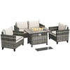 5 PCs Rattan Garden Furniture Set with Fire Pit Table Loveseat Sofa Grey