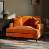 Orange Velvet Loveseat with Saddle Arms Wood Legs Foam Filled Traditional Style