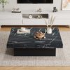 Square Coffee Table w/ 4 Sliding Drawers & Marble Look, 90x90x25cm, Modern Black