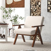 Beige Modern Accent Chair Linen Fabric Armchair with Solid Acacia Wood Frame