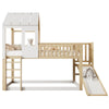 3ft Kids Treehouse Bed High Sleeper with Slide, Roof Design 90x190cm, White+Wood