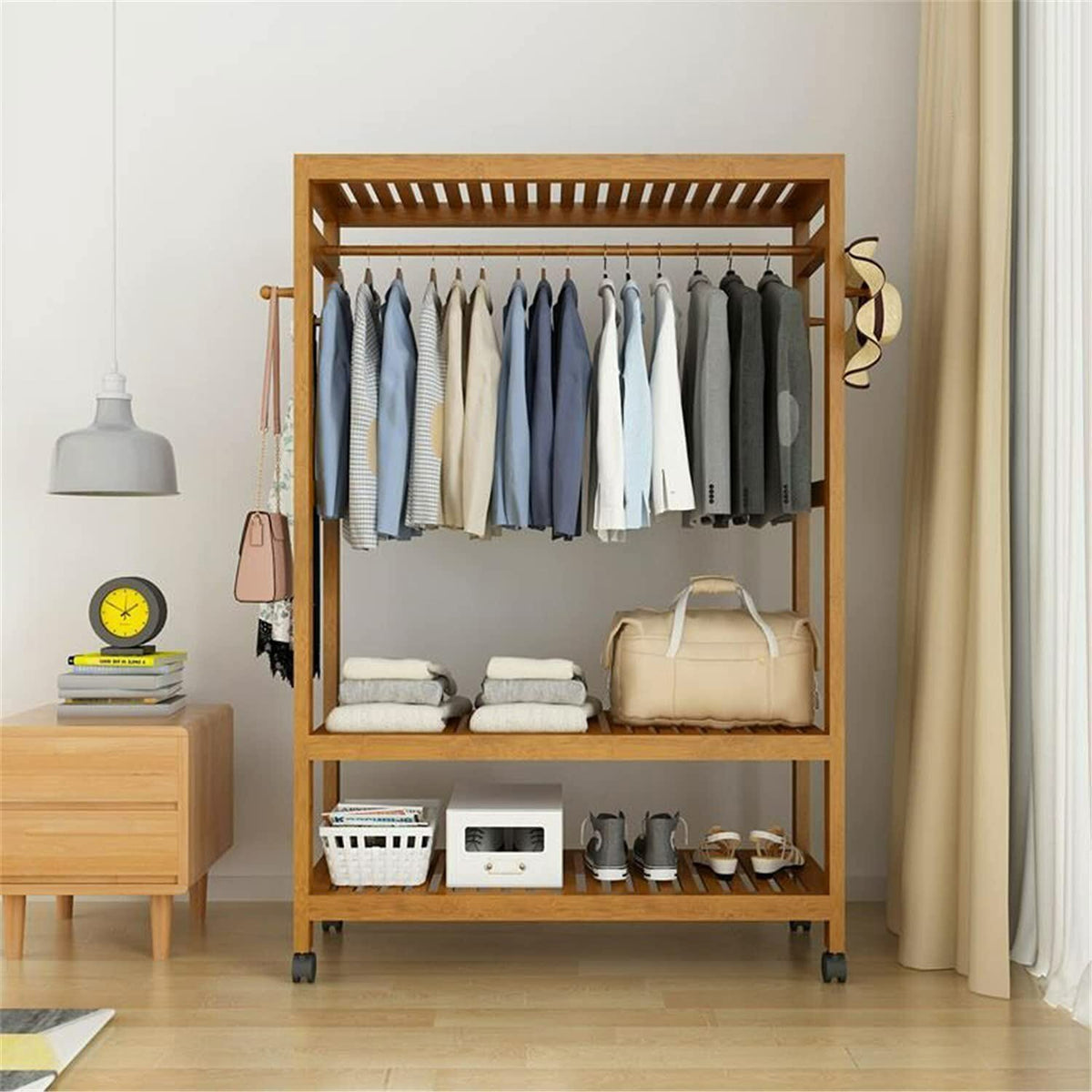 Heavy Duty Wooden Clothes Rail Rack Garment Hanging Stand Corner Open ...