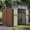 8x7FT Metal Garden Storage Shed with Window Doors Outdoor Tool House Wood Grain