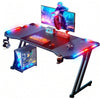 LED Gaming Desk Computer Table Workstations w/ Headphone Hook & Cup Holder Black