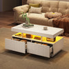 LED Coffee Table with 2 Drawers & Open Shelf, Vertical Ribbed White Centre Table