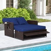Patio Rattan Daybed Set w/ Multipurpose Ottoman & Retractable Side Tray-Navy
