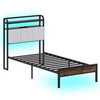 Single Size Bed Frame w/ LED Light & Charging Station-Brown
