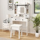 Makeup Vanity Desk and Stool Set with Drawers & Shelves-White