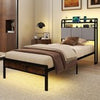 Single Size Bed Frame w/ LED Light & Charging Station-Brown