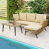 3-Piece L-Shaped Patio Sofa w/Cushions & Tempered Glass Table-Beige
