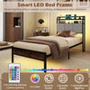 Single Size Bed Frame w/ LED Light & Charging Station-Brown