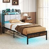Single Size Bed Frame w/ LED Light & Charging Station-Brown