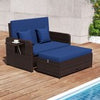 Patio Rattan Daybed Set w/ Multipurpose Ottoman & Retractable Side Tray-Navy