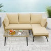 3-Piece L-Shaped Patio Sofa w/Cushions & Tempered Glass Table-Beige