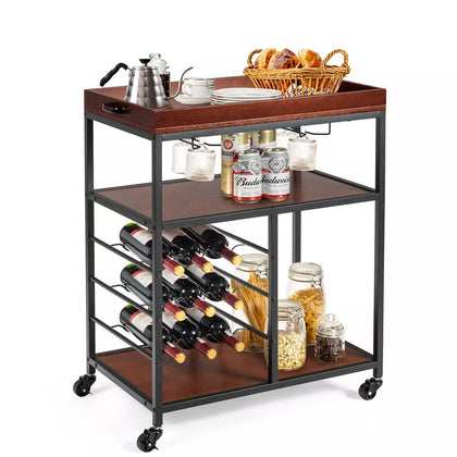 Industrial Kitchen Island Cart 3-Tier Rolling Bar Serving Trolley With Wine Rack