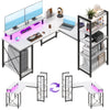 Flamaker L Shaped Desk with LED Lights & Power Outlets 140cm Reversible Desk