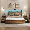Double Size Bed Frame Metal Bed Platform LED Lights Headboard & 4 Storage Drawer