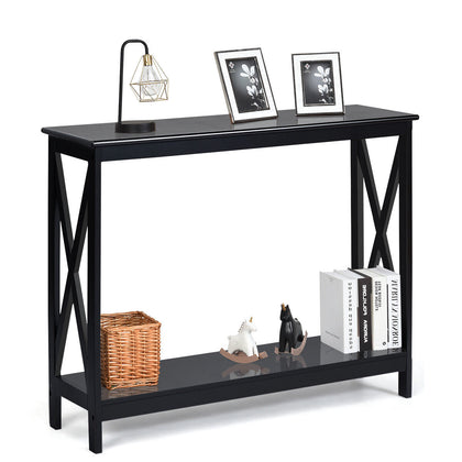 2-Tier Industrial Console Table Rustic Sofa Side Table Narrow Accent Table Black