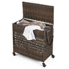 110L Laundry Basket 2-Section Rattan Laundry Hamper W/ Removable Liner Bag & Lid