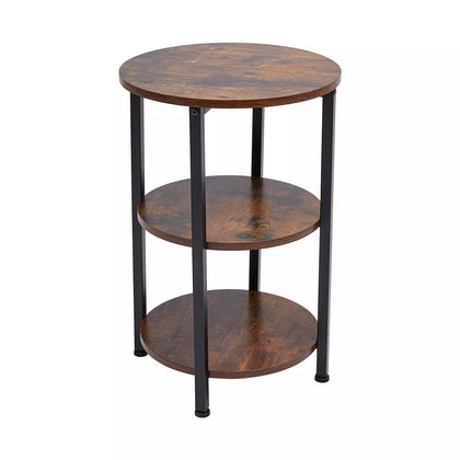 3 Tier Industrial End Table Wooden Round Side Table Nightstand with Metal Legs