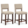 2 Pcs Linen Counter Height Bar Stool Chair Set w/ Hollowed Back Rubber Wood Legs