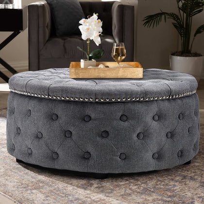 Large Round Coffee Table Chesterfield Footstool Linen Ottoman Pouffe Deep Button
