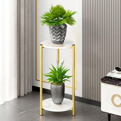 90cm Plant Stand Plant Holder Tall Side End Table 2-Tier with Golden Metal Frame