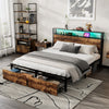 Double Metal Bed Frame with LED, Charging Station, Storage Headboard and Drawers