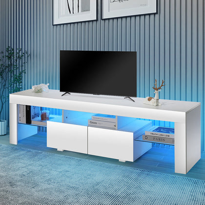 160cm White High Gloss TV Stand Cabinet Unit with RGB LED 2 Storage Doors