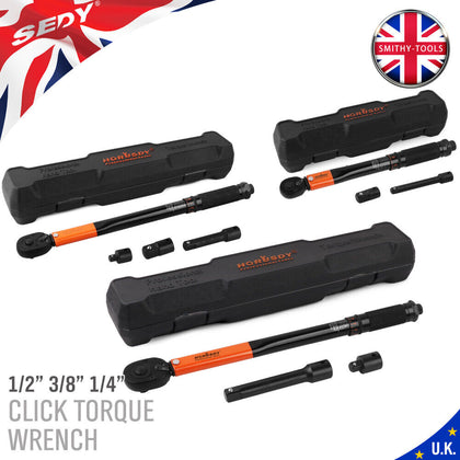 3PC Ratcheting Torque Wrench Spanners Set 1/2 3/8 1/4 w/ Extension Bar & Sockets