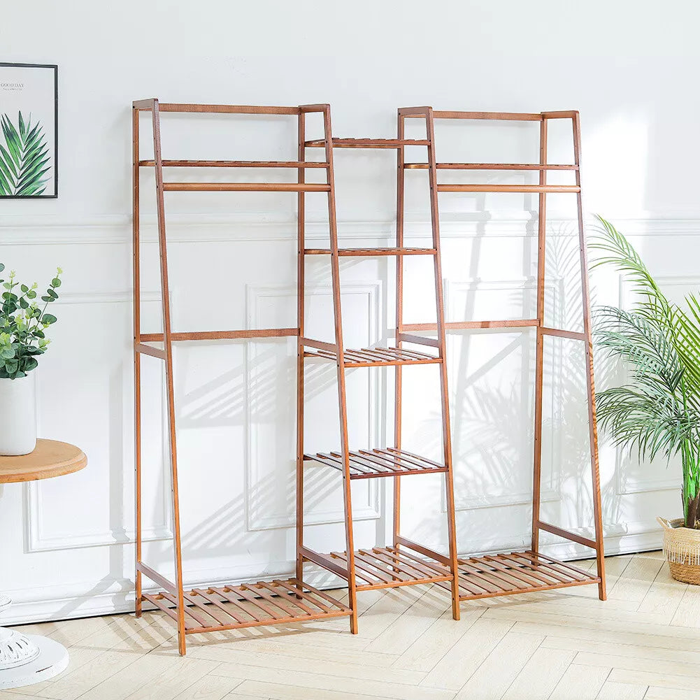 Wooden Clothes Rail Rack Garment Hanging Stand Open Wardrobe w/Bottom&Top Shelf