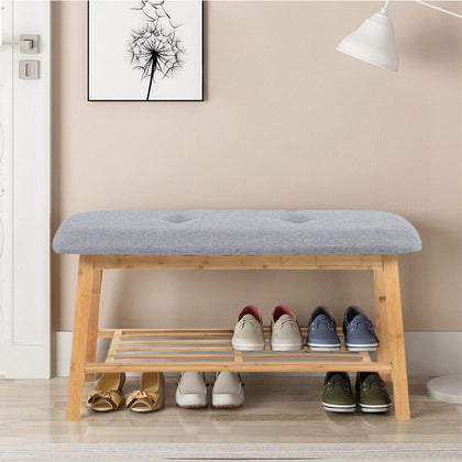 2 Tier Wood Shoe Bench Bamboo Boot Rack Shelf Storage Linen Button Padded Seat