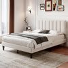 Double Bed Frame, Upholstered Platform Bed with Channel Tufted Headboard, Beige