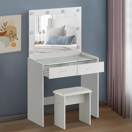 Modern Dressing Table White Makeup Desk LED Mirror Drawer Stool Vanity Bedroom